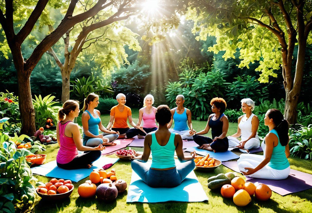 A serene scene depicting a diverse group of cancer survivors engaging in various wellness activities, such as yoga and healthy cooking, surrounded by vibrant fruits and vegetables. Illustrate a bright, uplifting atmosphere with sunlight filtering through trees, symbolizing hope and empowerment. Incorporate elements like soft cushions, herbal teas, and motivational books to convey a holistic approach to wellness. super-realistic. vibrant colors. natural setting.