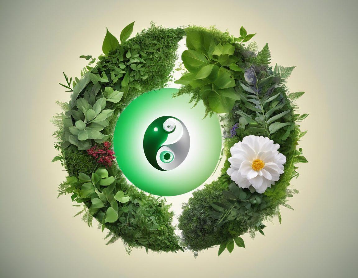 A serene blend of traditional and innovative healing symbols, featuring a yin-yang symbol intertwined with modern medical icons, lush green plants to represent natural healing, and soft glowing lights to signify innovation in therapies. The background should hint at a peaceful clinic setting, merging nature and technology in harmony. super-realistic. vibrant colors. soft focus.